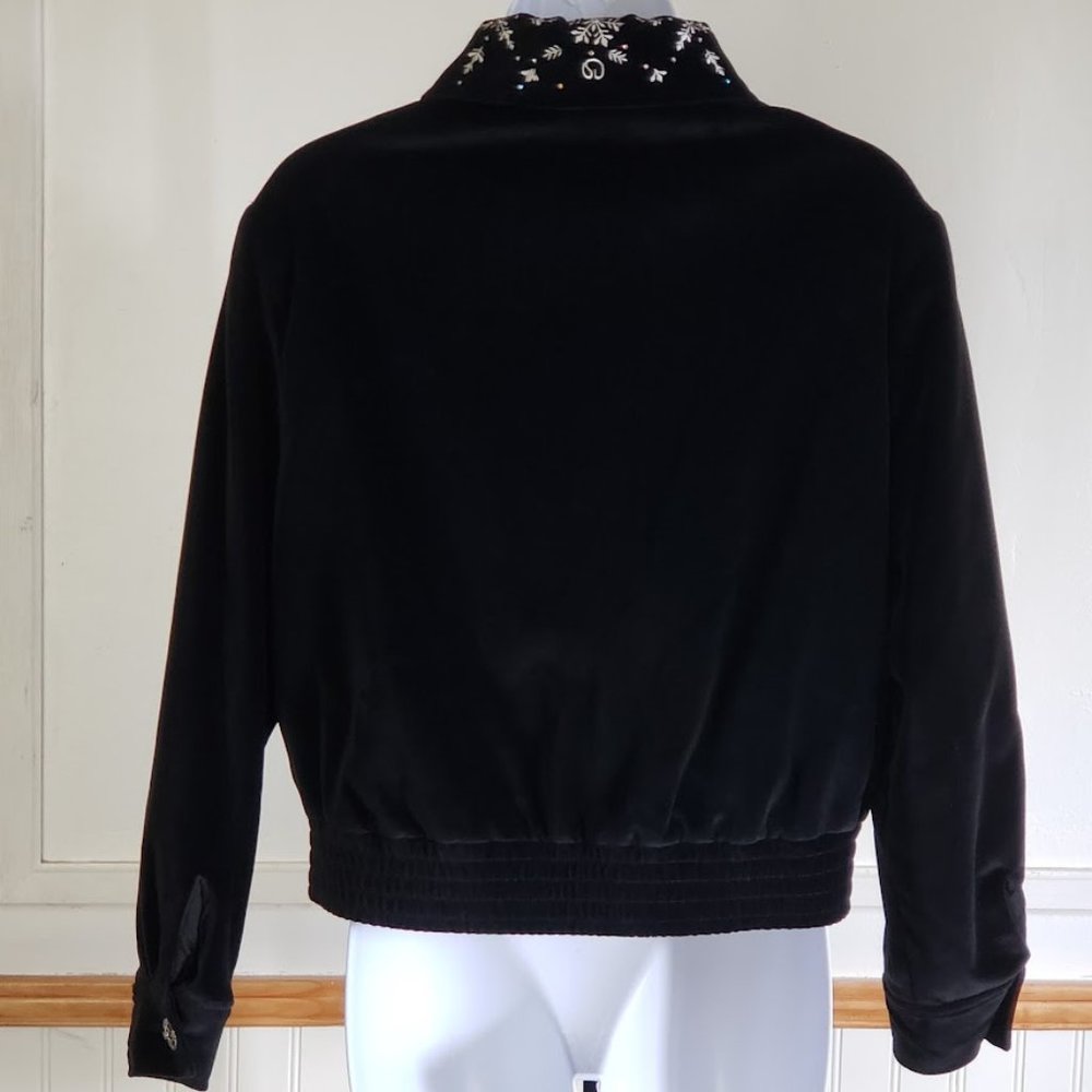 SOLD ST.JOHN SPORT Womens Bomber Jacket XS Black Velvet Embroidered Snowflake - Picture 4 of 12